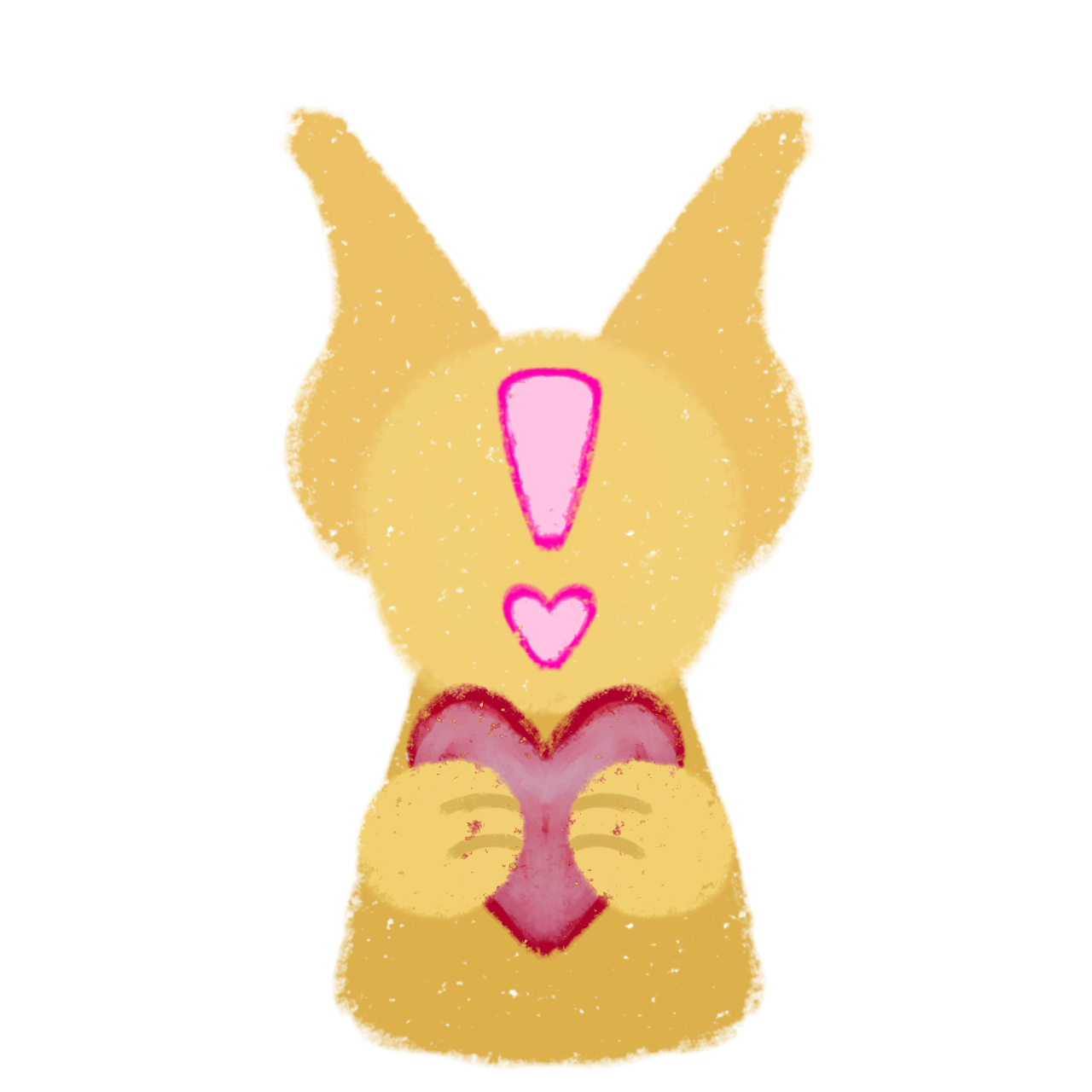 a cute, yellow stylized bunny creature, it has a pink exclamation mark on its face and is holding a pink heart,  It has a simple, cartoonish design with a textured appearance.